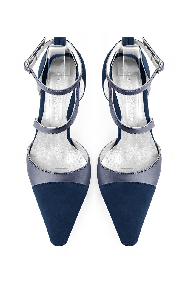 Navy blue women's open side shoes, with snake-shaped straps. Tapered toe. Medium spool heels. Top view - Florence KOOIJMAN